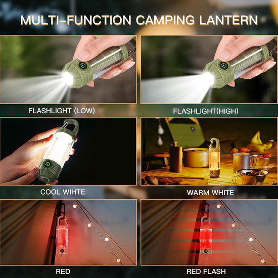 Mini camping lamp - Portable flashlight - Type-C fast charging, waterproof outdoor lamp - With hook - Multiple lighting modes (white/warm/red) and brightness levels - Flashlight for camping/hiking/home emergencies (dark green)