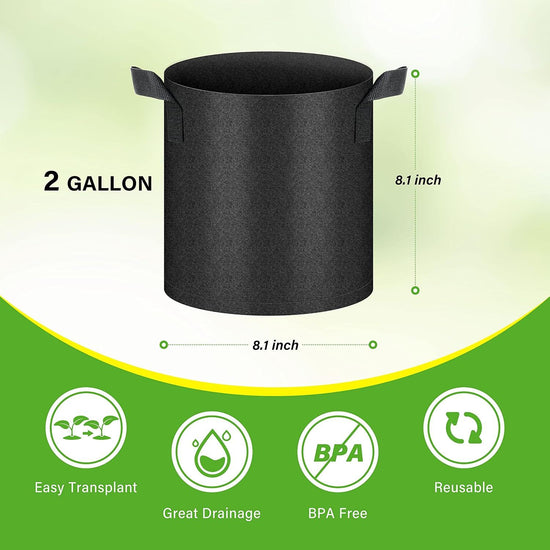 HealSmart 6-Pack 2 Gallon Nonwoven Grow Bags - Aeration Fabric Pots with Handles for Garden Fruits Vegetables Flowers - Black