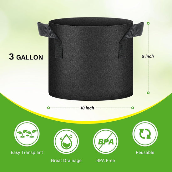 HealSmart 6-Pack 3 Gallon Nonwoven Grow Bags - Aeration Fabric Pots with Handles for Garden Fruits Vegetables Flowers - Black