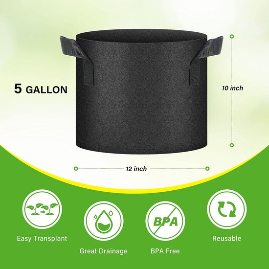 HealSmart 6-Pack 5 Gallon Nonwoven Grow Bags - Aeration Fabric Pots with Handles for Garden Fruits Vegetables Flowers - Black