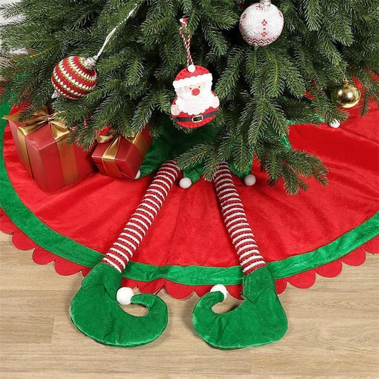 48 Inch Elf Christmas Tree Skirt with Candy Striped Legs and Wavy Trim, Christmas Decoration