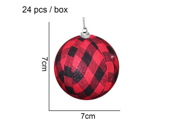 Plaid Ball Ornaments Christmas Decor Fabric Wrapped Balls Xmas Holiday For Home Decoration,Red And Black Plaid-24/Box