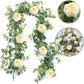 Artificial Eucalyptus Garland with Flowers Champagne Roses Long Fake Flower Garland Eucalyptus Leaves Greenery Garland