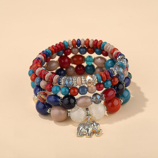 1pcs Bohemian Bead Bracelet, Ladies Multilayer Stackable Beaded Charm Stretch Bracelet, Elephant Pendant Crystal Bracelet Women&
