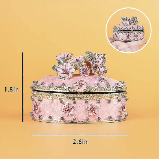 Crystal Trinket Jewelry Boxes Hinged,hand-painted Pink Flower Butterfly Pattern Jeweled Box For Girls
