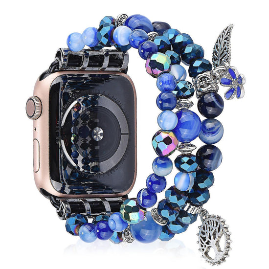 Fashion Iwatch Blue Crystal Beaded Bracelet Watchband Strap With Life Tree And Leaf Pendant For Apple Watch Series 7 45mm / 4/5/6/se 44mm / 1/2/3 42mm