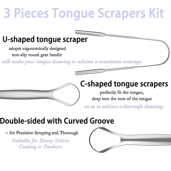 3 Pack Tongue Scrapers with Case, Stainless Steel Tongue Cleaner for Adults & Babies