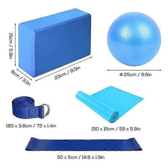 5pc Yoga Set - Yoga Ball, Block, Elastic Band, Stretch Band, Belt
