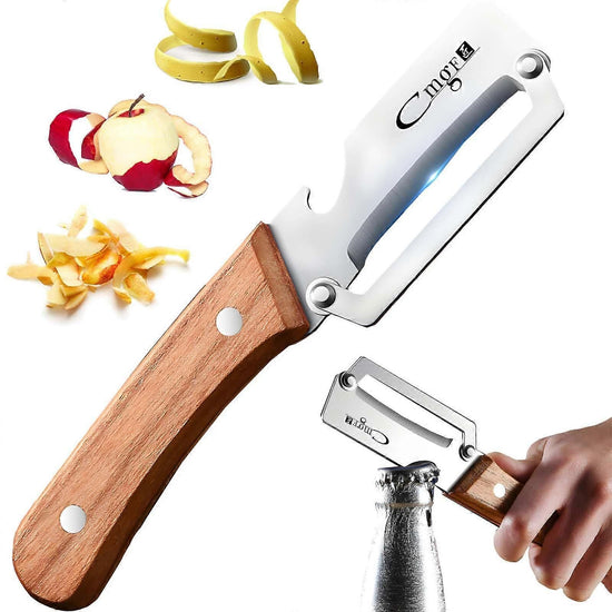 Stainless Steel Vegetable Peeler with Wooden Handle - Sharp Blade & Bottle Opener