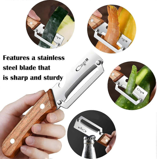 Stainless Steel Vegetable Peeler with Wooden Handle - Sharp Blade & Bottle Opener