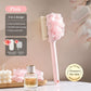 3-in-1 Multi-Functional Long-Handled Body Scrub Brush, Combining Bath Sponge + Soft-Bristle Brush + Washcloth in One, Home Exfoliating Bath Brush, Back Scrubber - Pink