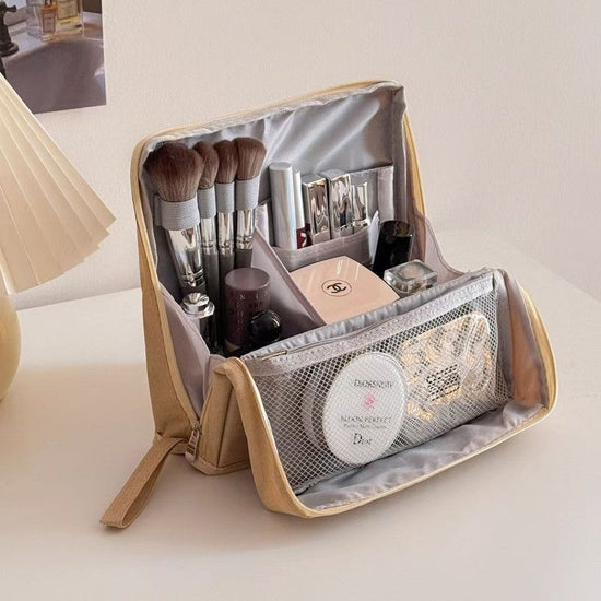 Portable Multi-Functional Toiletry Bag, Stand-Up Large-Capacity Storage Bag for Makeup Brushes, Cosmetics, and Toiletries, Jinbu Multi-Compartment Storage Bag - Yellow