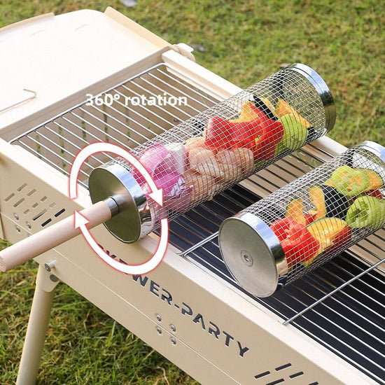 Food-grade stainless steel rotisserie skewer, 360° rotatable, with heat-resistant wooden handle—outdoor camping barbecue tool (Small)