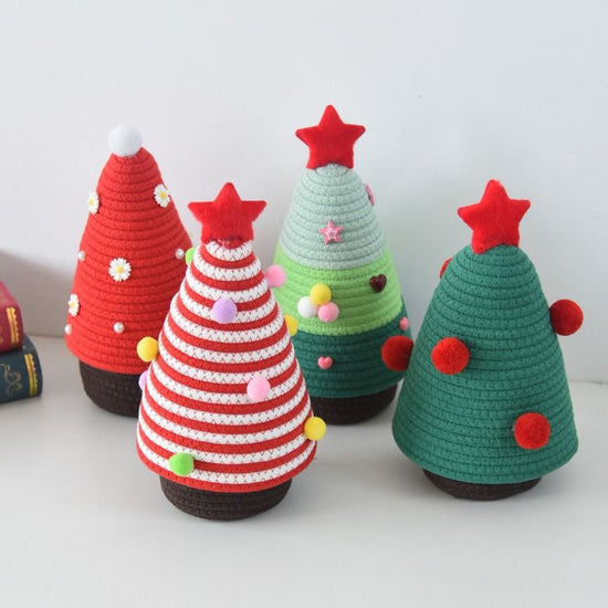 Christmas-themed cotton yarn woven storage basket, Christmas tree-shaped desktop storage box with lid, entryway key and remote control organizer—cosmetics storage box—multi-color