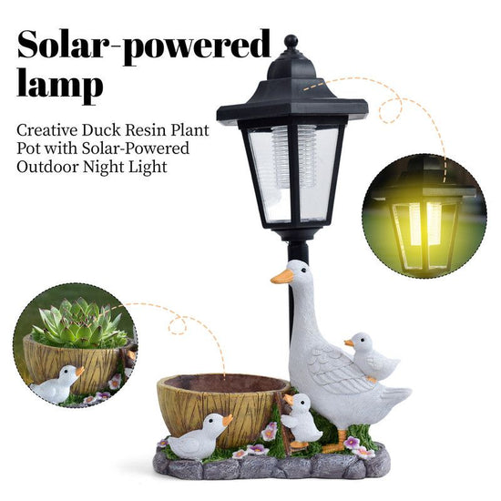 Creative Cute Duck Resin Flower Pot Solar Outdoor Light, Courtyard and Garden Decorative Ornament—Retro Lawn Ambiance Night Light, Multifunctional Flower Pot Ornament, Balcony Plant Decorative Floor Lamp