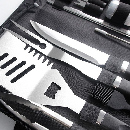 Complete Multi-Functional BBQ Tool Set, 31-Piece Deluxe BBQ Tool Set, Food-Grade Stainless Steel BBQ Tools with Wood-Grain Handles—Ideal for Home and Outdoor BBQs, Includes Portable Camping Storage Bag—Black