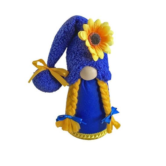 1pc Plush standing gnome doll — faceless old man figurine, festive tabletop ornament and gift.Blue hat sunflower gnome with braids