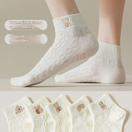 5-Pair White Series Ankle Socks, Women&