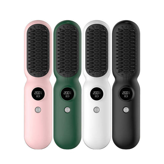 Black Professional Cordless Hair Straightener Brush - 4-in-1 EMS Scalp Massager & Ionic Straightening Comb - Red & Blue Light Therapy for Hair Growth - Portable USB Rechargeable Hot Comb for Men & Women