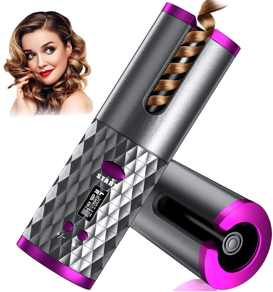 Pink Portable Wireless Auto Hair Curler | Smart Anti-Tangle Curling Wand with 5000mAh Power Bank Function | USB-C Rechargeable Ceramic Hair Roller | Perfect for Quick Salon Curls on the Go