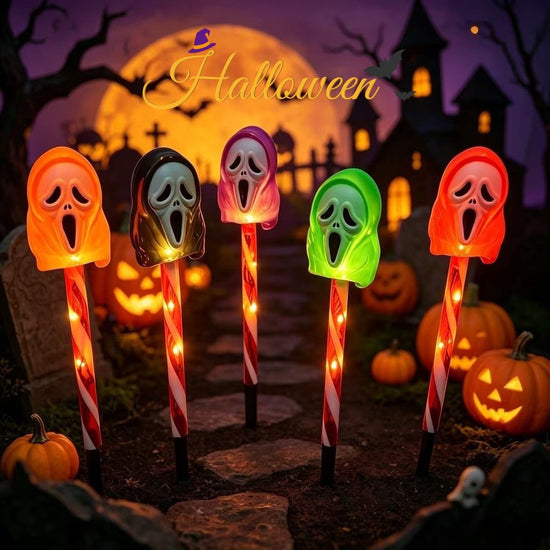 Halloween Solar Ground Stake Lights, 5-Pack Screaming Ghost Face Pathway Lights, IP65 Waterproof Auto On/Off for Lawn Yard Walkway, Spooky Outdoor Garden Decor with 5 Eerie Colors (3Sets, Colorful Tube)