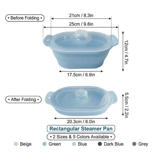 Foldable Food-Grade Silicone Steamer Pot with Lid and Steamer Rack – Space-Saving Collapsible Cookware for Microwave, Freezer, Camping, and Outdoor Meals, Effortless Storage and Versatile Kitchen Companion (Rectangular Style, Dark Blue)