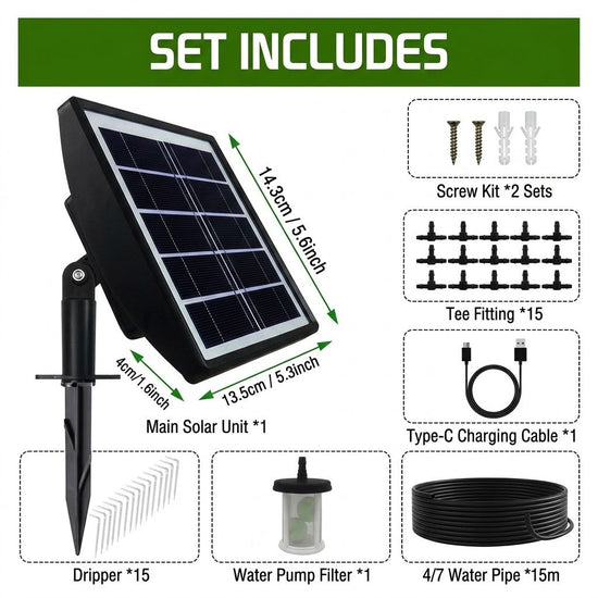 Solar-Powered Automatic Drip Irrigation Kit with 180° Adjustable Stake, 15m Watering Hose for Up to 15 Potted Plants—Ideal for Balcony, Patio, Greenhouse, and Outdoor Garden Auto-Watering While You&