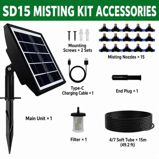 Solar-Powered Automatic Misting Irrigation Kit with Smart Timer, Ideal for Indoor Potted Plants, Balcony Gardens, Greenhouses, and Patio Hydration, Featuring Adjustable Spray Nozzles and Eco-Friendly Sunlight Charging for Hassle-Free Plant Care (SD15)