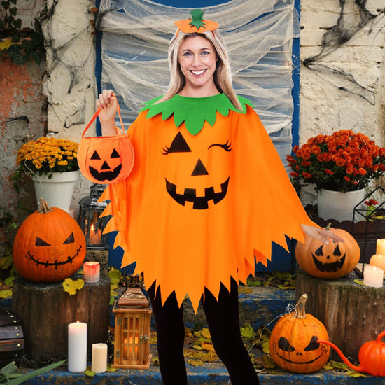 Womens Winking Pumpkin Poncho, Headband & Trick-or-Treat Bucket Set for Halloween Costume (Orange)