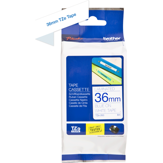 Genuine Brother TZe-263 Labelling Tape Cassette  Blue on White, 36mm wide, 8m long Compatible with a wide range of Brothers P-touch printers