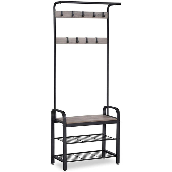 Greige and Black Steel Freestanding Coat Rack Stand with Removable Hooks, Bench and Shoe Rack, Height 183 cm