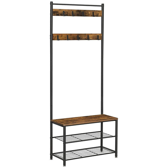 Rustic Brown Coat Rack Stand with Hallway Shoe Rack and Bench with Shelves Matte Metal Frame Height 175 cm