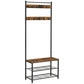 Rustic Brown Coat Rack Stand with Hallway Shoe Rack and Bench with Shelves Matte Metal Frame Height 175 cm