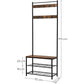 Rustic Brown Coat Rack Stand with Hallway Shoe Rack and Bench with Shelves Matte Metal Frame Height 175 cm