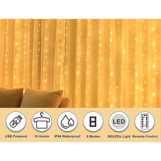 USB Powered 300 LED Curtain String Light with 8 Modes and Remote Control for Bedroom Party Wedding Decorations