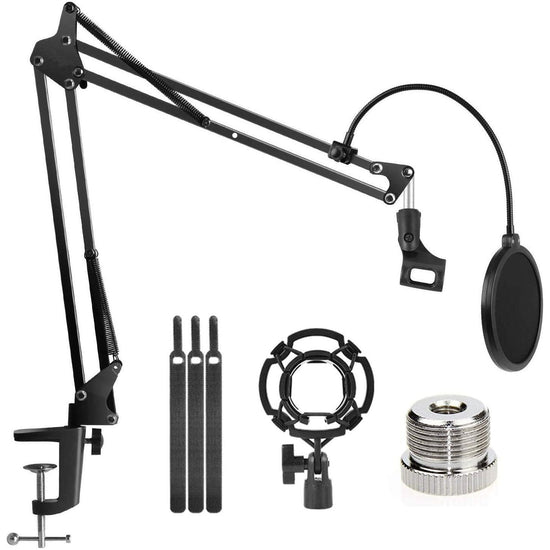 Microphone Radio Broadcasting Stand with 3/8"to 5/8" Screw Adapter and Windscreen Pop Filter