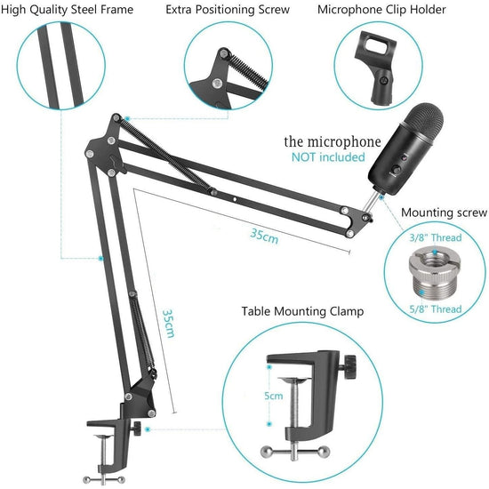 Microphone Radio Broadcasting Stand with 3/8"to 5/8" Screw Adapter and Windscreen Pop Filter