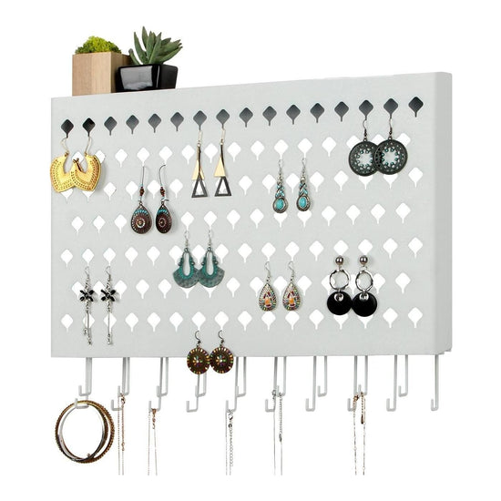 Wall Mount Earring Jewelry Hanger Organizer Holder with 109 Holes and 19 Hooks (White)