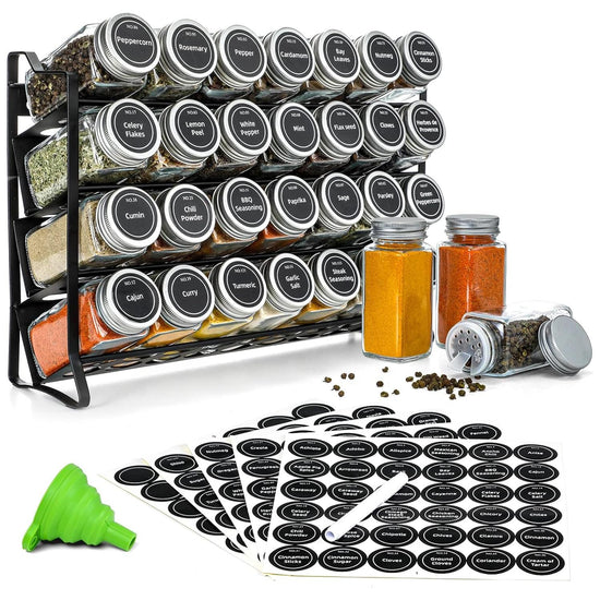 Spice Rack organiser with 28 Spice Jars, Spice Labels, Funnel and Marker for Kitchen Countertop