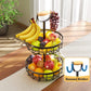 2-Tier Fruit Basket Bowl Storage with Wood Lift Handle and Dual Banana Tree Hanger for Kitchen Countertop