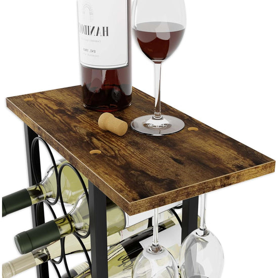 Wine Rack Countertop Wooden & Metal Holder for 6 Bottles & 2 Glasses