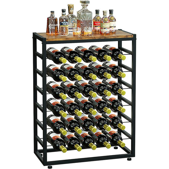 6-Tier Freestanding Wine Rack for 30 Bottles with Wood Countertop and Sturdy Metal Frame