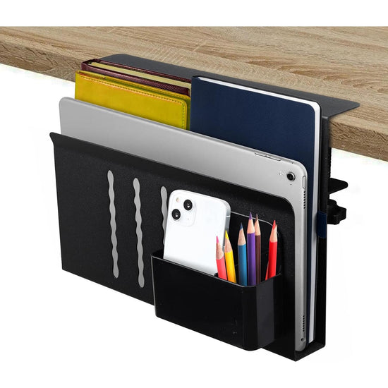 Under Desk Side Laptop Holder Storage with No Drill Cable Management Tray and Pen Storage for Office and Home