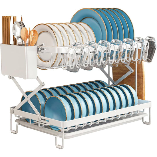 CARLA HOME 2-Tier Dish Drying Rack with Drainage Tray, Utensil Holder, Cup Hooks & Cutting Board Rack for Kitchen (White)