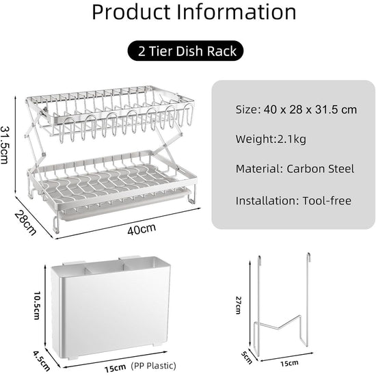 CARLA HOME 2-Tier Dish Drying Rack with Drainage Tray, Utensil Holder, Cup Hooks & Cutting Board Rack for Kitchen (White)