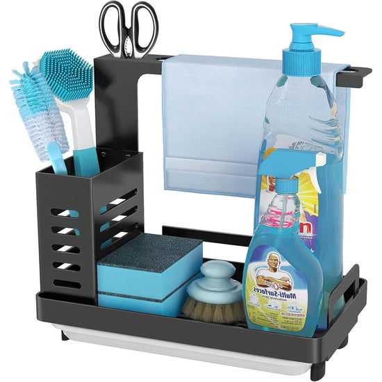 CARLA HOME Kitchen Sink Caddy Organizer with Sponge, Soap & Brush Storage and Rag Rack, Drain Tray & Utensil Holder
