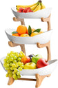 CARLA HOME 3-Tier Ceramic Fruit Bowl Basket with Bamboo Stand for Kitchen Counter, Snack Tray, Dessert Server & Vegetable Storage Rack