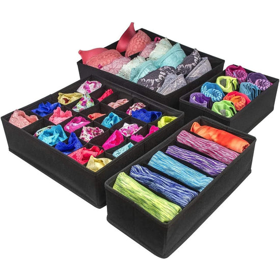 4 Pack Foldable Drawer Dividers Storage Boxes (Black)
