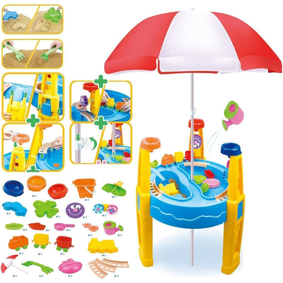 Outdoor Sand and Water Table Toy with Umbrella (28 Pcs Accessories)