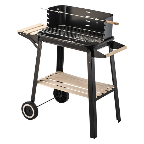 Charcoal Grill BBQ with Manual Rotisserie Stick on Trolley Stand